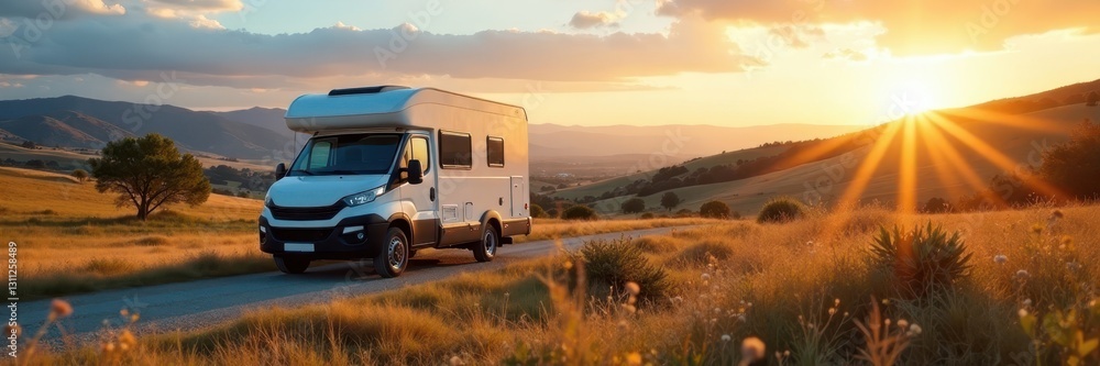 Car pulling camper trailer, scenic Spanish countryside, scenic, summer Car pulling camper trailer, scenic Spanish countryside, scenic, summer