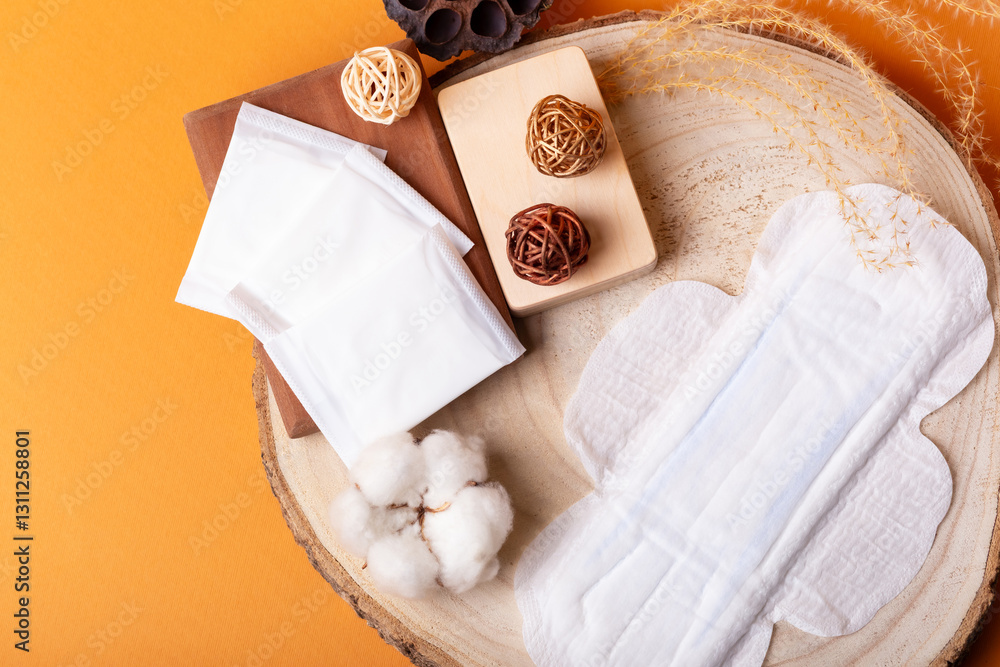 Menstrual hygiene pads from above on a wooden desk on orange background. Soft cotton absorbent menstrual pads for women during menstruation. Feminine hygiene. Protection pads for women. Menstrual hygiene pads from above on a wooden desk on orange background. Soft cotton absorbent menstrual pads for women during menstruation. Feminine hygiene. Protection pads for women.