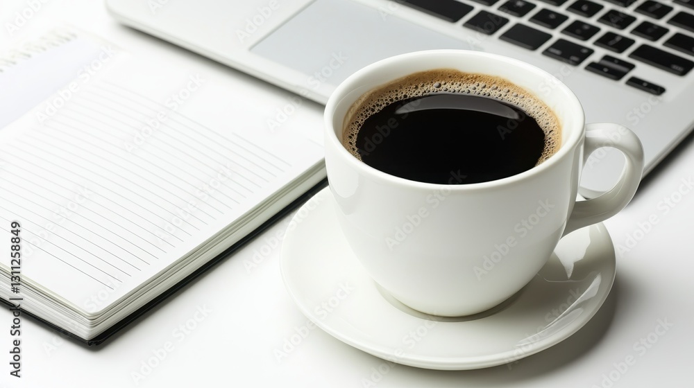 Minimalist Coffee Cup with Laptop and Notebook Minimalist Coffee Cup with Laptop and Notebook
