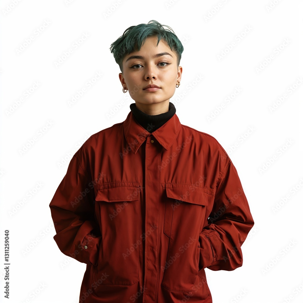 Person with light wheat skin, short dark green hair in a matte brick red jacket, high collar, relaxed hands in pockets, soft even tone, full view, isolated on white background - Generative AI Person with light wheat skin, short dark green hair in a matte brick red jacket, high collar, relaxed hands in pockets, soft even tone, full view, isolated on white background - Generative AI