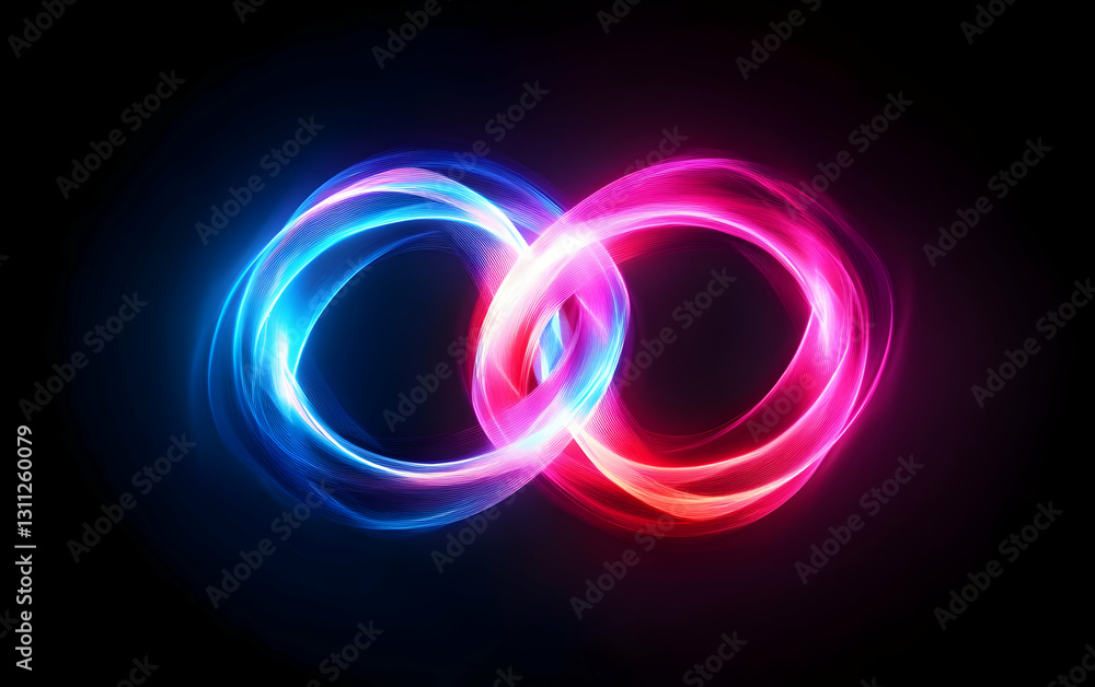 Vibrant blue and pink light trails forming intertwined loops against a dark background, creating a dynamic and modern visual effect. Vibrant blue and pink light trails forming intertwined loops against a dark background, creating a dynamic and modern visual effect.
