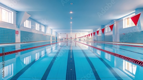 Empty indoor swimming pool with lanes, flags, and windows; perfect for sports or leisure
