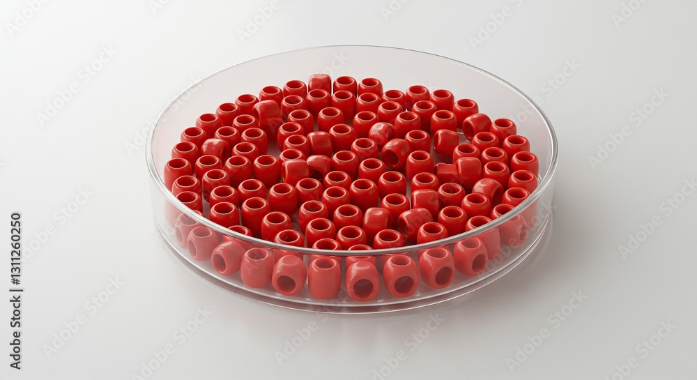 Vibrant Red Craft Beads in Clear Container: Top-Down Studio Shot of Hollow Cylindrical Beads on White Background, Ideal for Hobby, Art and Educational Materials. Vibrant Red Craft Beads in Clear Container: Top-Down Studio Shot of Hollow Cylindrical Beads on White Background, Ideal for Hobby, Art and Educational Materials.