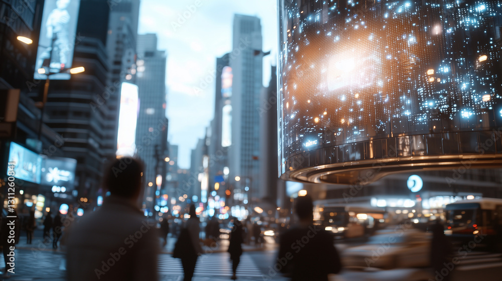 Obraz premium A glowing hologram at a busy intersection with curious pedestrians