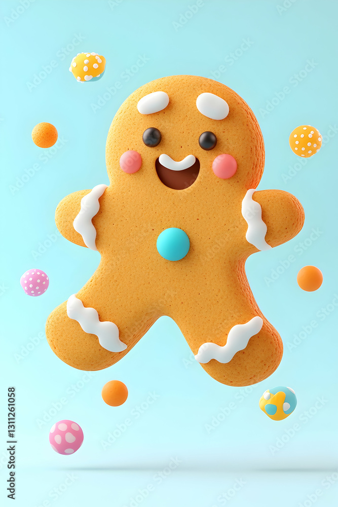Gingerbread Man Floating Amidst Candy Spheres against a Light Blue Background Gingerbread Man Floating Amidst Candy Spheres against a Light Blue Background