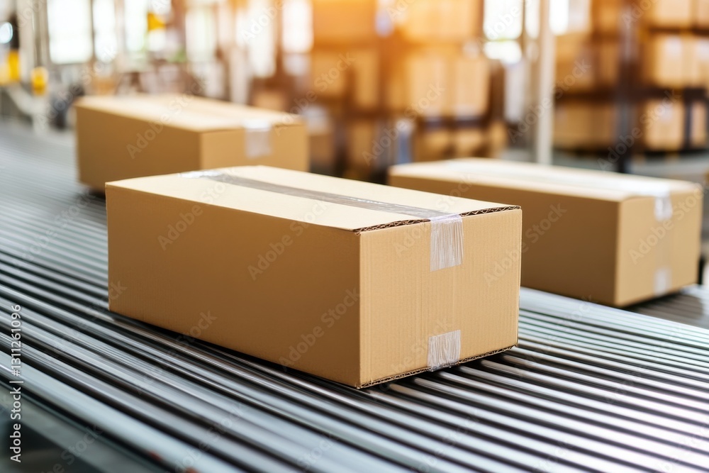 Cardboard boxes on a conveyor belt, in a warehouse or distribution center, ready for shipment. Cardboard boxes on a conveyor belt, in a warehouse or distribution center, ready for shipment.