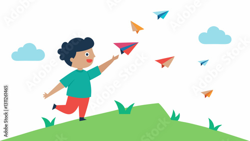 Whimsical Release In this illustration a child stands on a grassy hill happily tossing a fleet of colorful paper planes into the air. As the planes ascend the tip of each plane