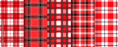 Flannel seamless pattern. Gingham red black background. Set checkered buffalo prints. Plaid table cloth texture. Tartan tablecloth. Check cotton fabric. Kitchen cloth textile. Vector illustration