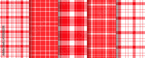 Table cloth seamless background. Gingham tartan pattern. Red picnic lumberjack tablecloth. Set plaid prints. Kitchen fabric backdrop. Checkered cloth textile. Buffalo kilt texture. Vector illustration