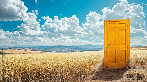 A golden door in the middle a field opening into an idyllic valley