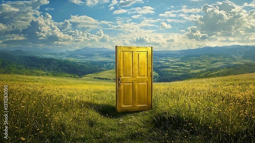 A golden door in the middle a field opening into an idyllic valley