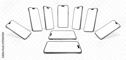 Premium Realistic Smartphone Mockup: Front, Side, Top, and Perspective Views - 3D Mobile Phone Vector with Shadow on Transparent Background for UI and UX Presentations. Vector. 
