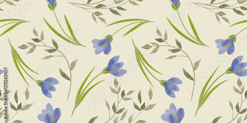 Seamless watercolor floral pattern with blue crocus flowers, green leaves, and beige background. Ideal for fabric, wallpaper, stationery, gift wrapping, and spring-themed designs in soft pastel tones.
