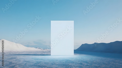 Minimalist landscape featuring a geometric form in a snowy terrain