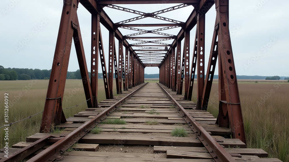 Obraz premium rough metal bridge spans distant landscape quietly crumbling