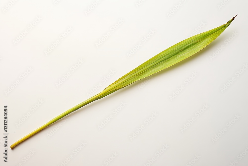 A single slender green leaf with a long stem shown A single slender green leaf with a long stem shown