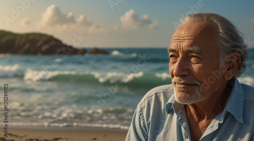 Serene Senior Man Contemplates Ocean Waves: Retirement Lifestyle Portrait