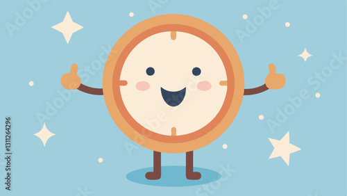 Whimsical Timekeeper An anthropomorphic clock with a woodenstyle frame. The clocks face features a cheeky smile and a raised eyebrow in a wink. The hands of the clock are shaped