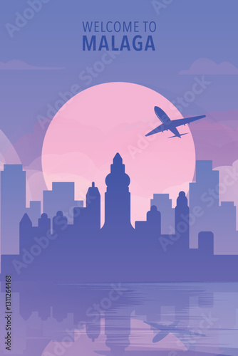 Welcome to Malaga, Spain. Gradient city poster, card with shapes of skyline, waterfront and airplane. Europe travel vector illustration, print, graphic