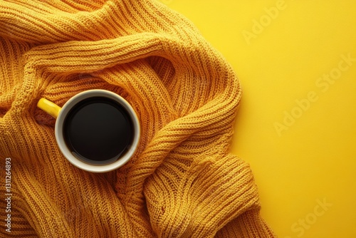 Yellow knitted sweater and coffee cup. Perfect for autumn, cozy, and warm themes. photo