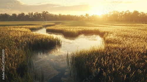 Golden hour sunset over tranquil river meandering through a wheat field.