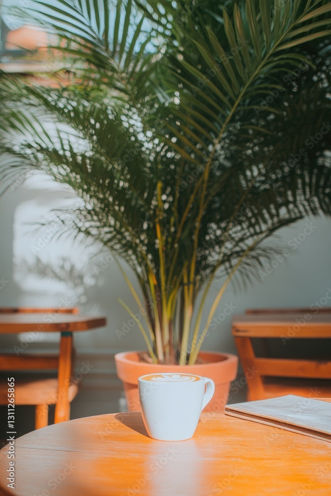 Bright and inviting scene featuring coffee cup beside lush palm Bright and inviting scene featuring coffee cup beside lush palm