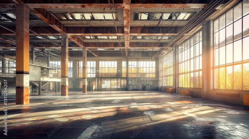 Obraz premium Sunlit empty industrial warehouse interior.