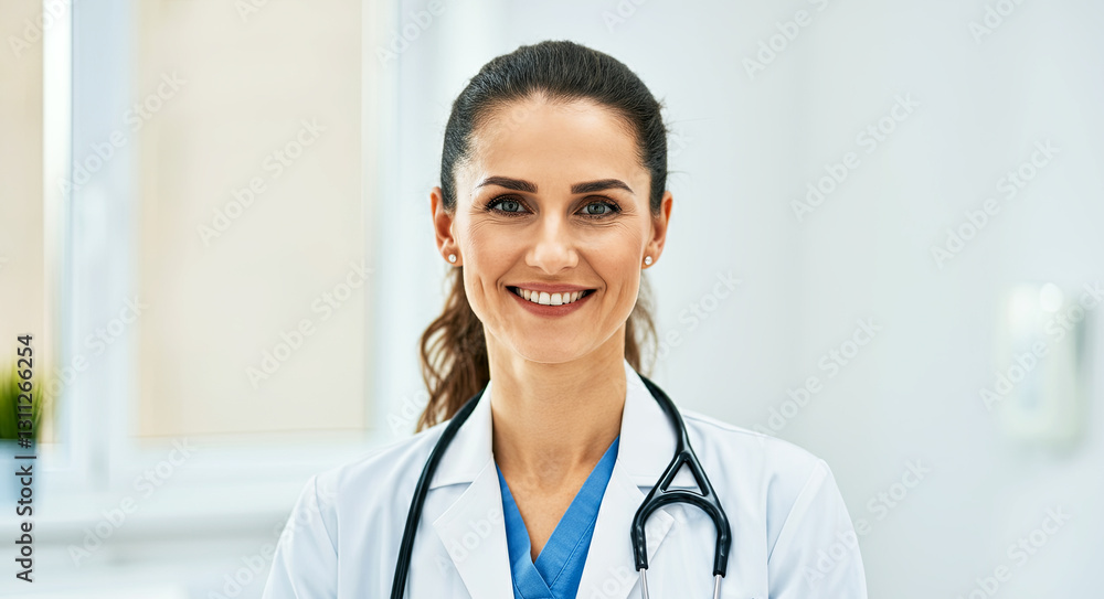 Smiling doctor exudes confidence and warmth, embodying professionalism in a pristine white coat Smiling doctor exudes confidence and warmth, embodying professionalism in a pristine white coat