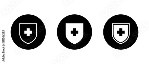 Medical healthy shield icon set on black circle. Health badge sign symbol