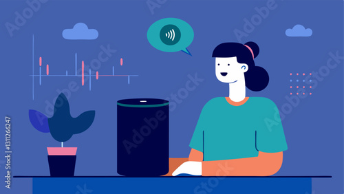 Voice Command Interaction A person speaking to a voiceactivated digital assistant in the form of a smart speaker on a desk with sound wave graphics visualizing the voice command.