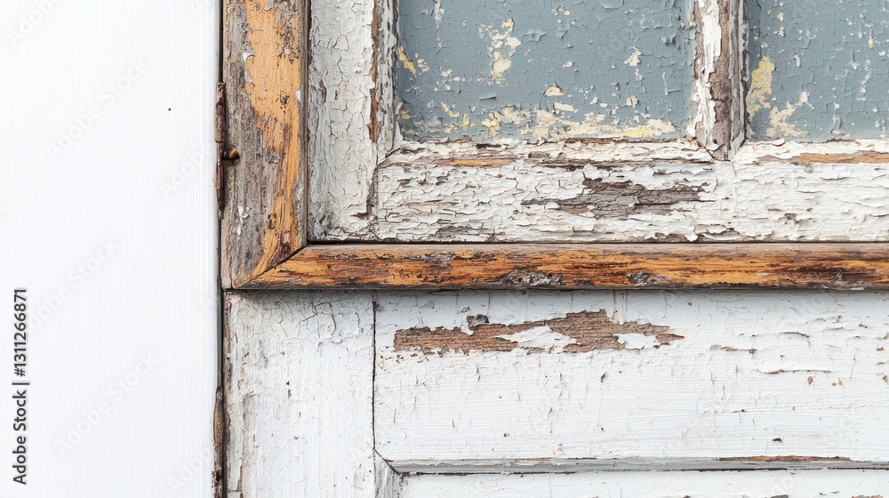 Weathered white wood window frame with peeling paint. Weathered white wood window frame with peeling paint.