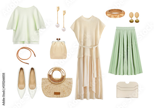 Cuadro en lienzo Light fashion beautiful elegant women's clothes set isolated on white, female clothing collage, beige green spring apparel, stylish garment