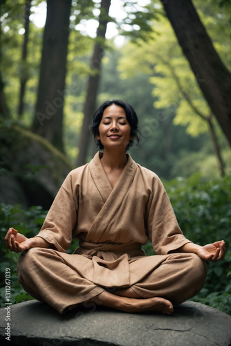 Serene Asian Woman Meditating in Lush Forest Zen Retreat