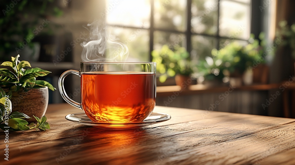 Warm cup of tea on a wooden table, sunlight streaming through windows, plants in background Warm cup of tea on a wooden table, sunlight streaming through windows, plants in background