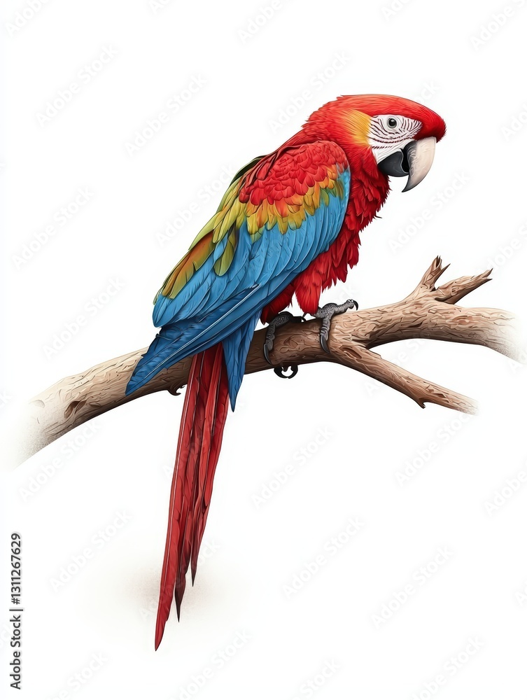 Obraz premium A vibrant parrot perched on a branch, showcasing stunning red, blue, and green feathers in a natural setting.