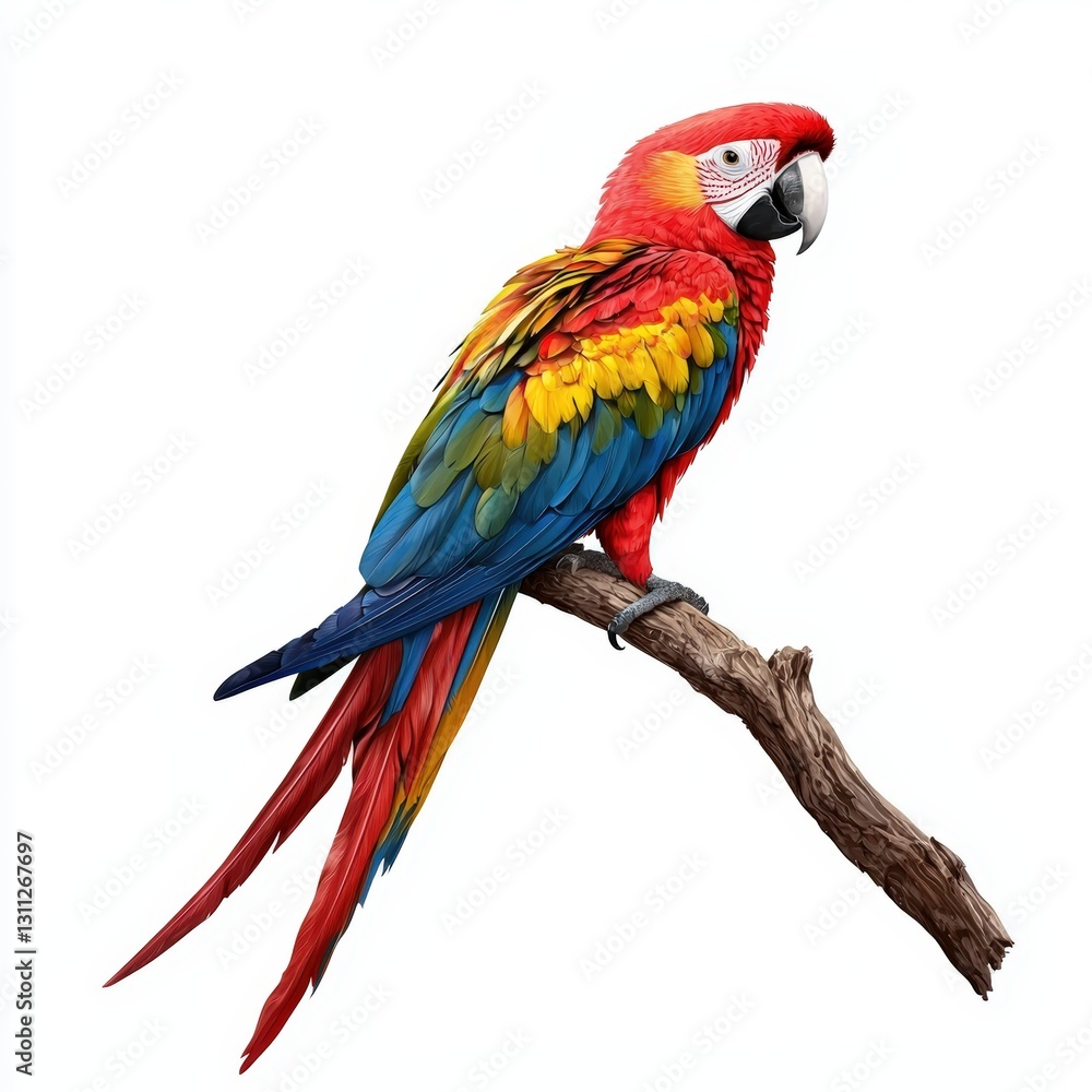 Fototapeta premium A vibrant parrot perched on a branch, showcasing its bright feathers and colorful appearance, perfect for nature and wildlife themes.