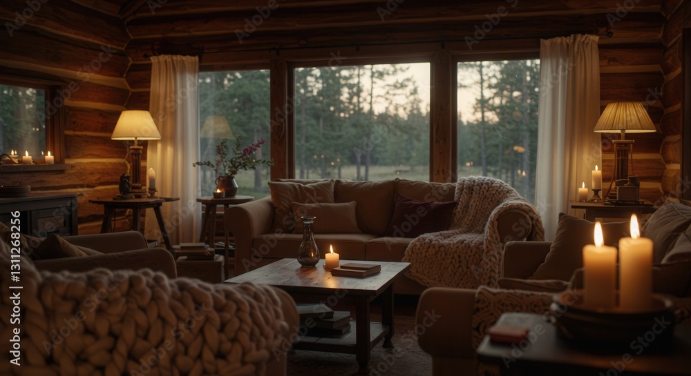 Fototapeta premium Cozy Cabin Living Room with Warm Candles and Forest View