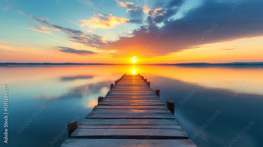 Naklejka premium Sunset view from a wooden pier on a calm lake