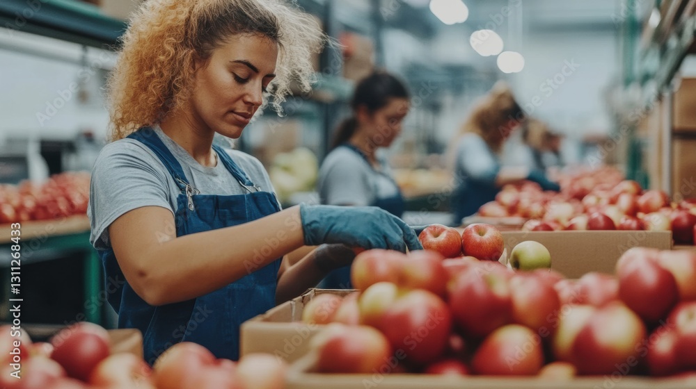 Fototapeta premium Workers sorting apples in a fresh produce warehouse