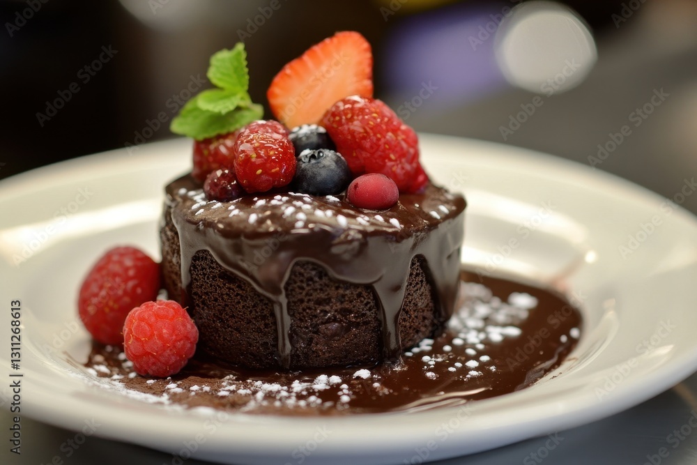 Chocolate lava cake topped with fresh berries and a dusting of powdered sugar. Perfect for menus, dessert blogs, or restaurant websites showcasing decadent treats. Chocolate lava cake topped with fresh berries and a dusting of powdered sugar. Perfect for menus, dessert blogs, or restaurant websites showcasing decadent treats.