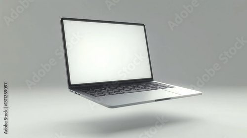 A laptop with a blank screen floating on a smooth surface with no background. AI Generated Images