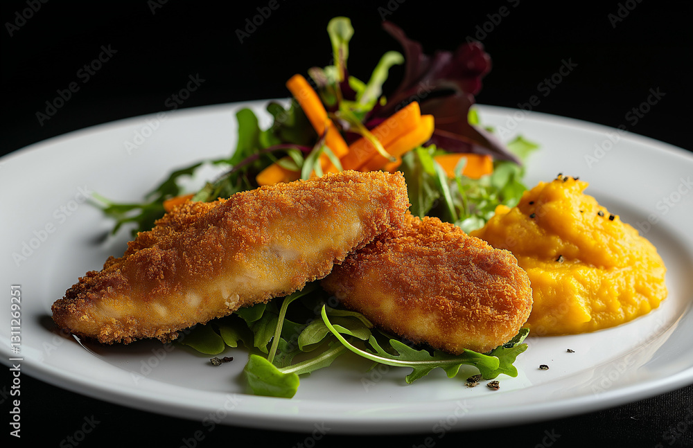 Gourmet Plated Dish: Crispy Breaded Chicken Leg with Pumpkin Purée, Roasted Carrots & Beets Gourmet Plated Dish: Crispy Breaded Chicken Leg with Pumpkin Purée, Roasted Carrots & Beets