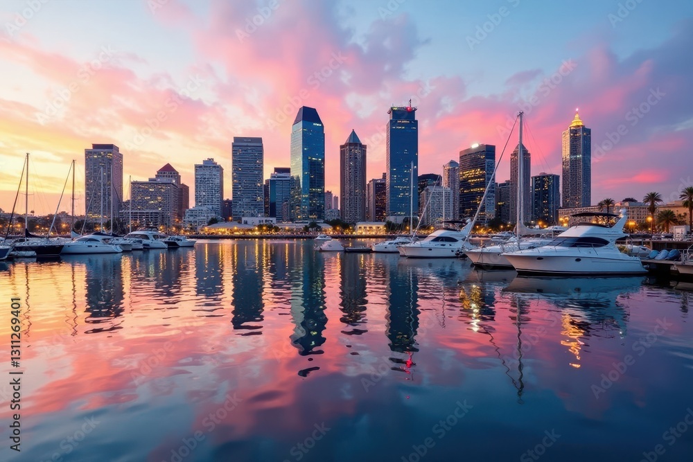 Fototapeta premium San Diego skyline reflected in harbor, boats anchored , view, ships