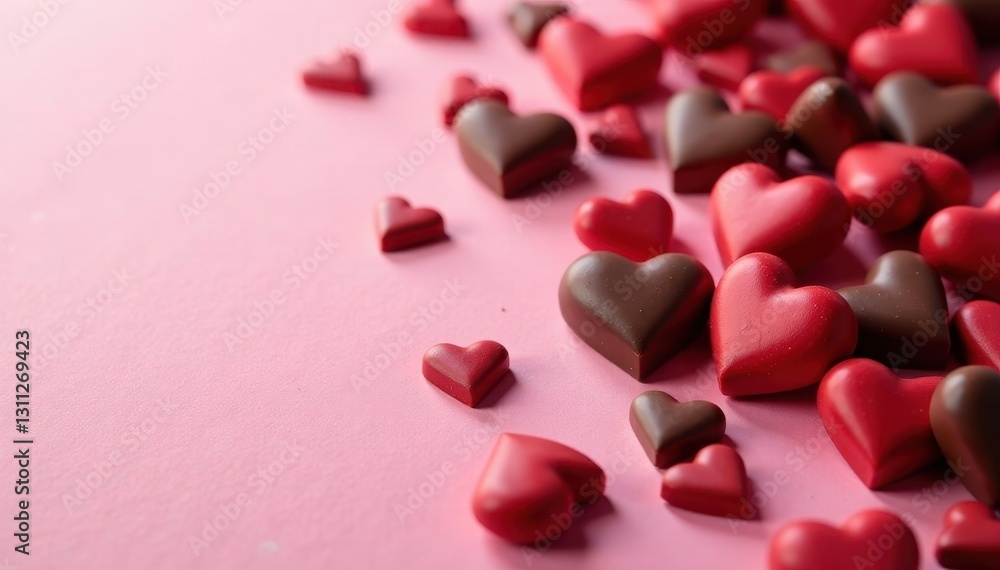 Scattered chocolate hearts, various sizes, close-up view, background, sweet food Scattered chocolate hearts, various sizes, close-up view, background, sweet food