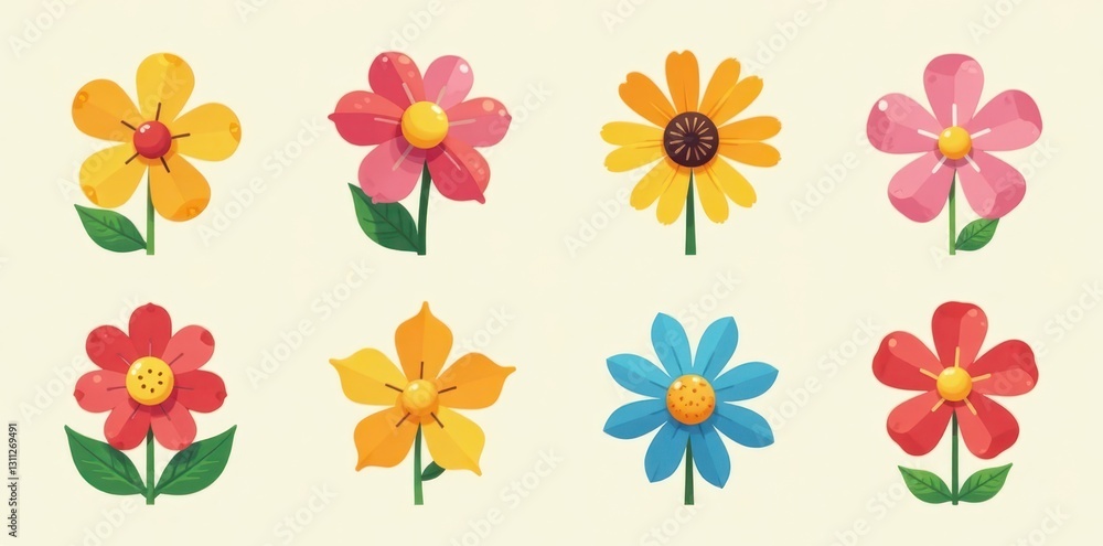 Obraz premium Set of cheerful flat flower icons, vibrant hues , illustration, simple icons
