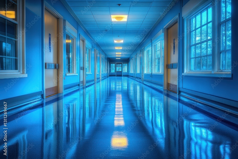 Fototapeta premium Long, blue hospital corridor with shiny floor reflecting lights and doors.