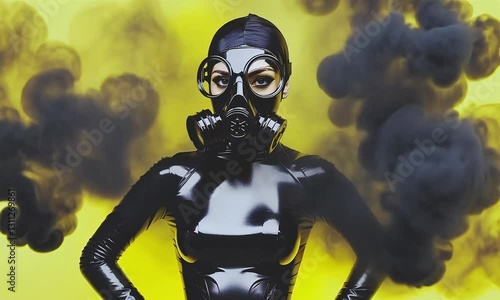 Woman in latex suit and gas mask, party style.