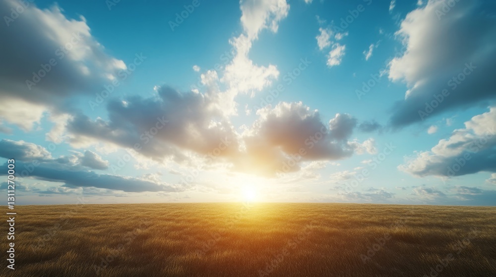 Fototapeta premium Golden Sunrise Over Expansive Field with Dramatic Cloudy Sky
