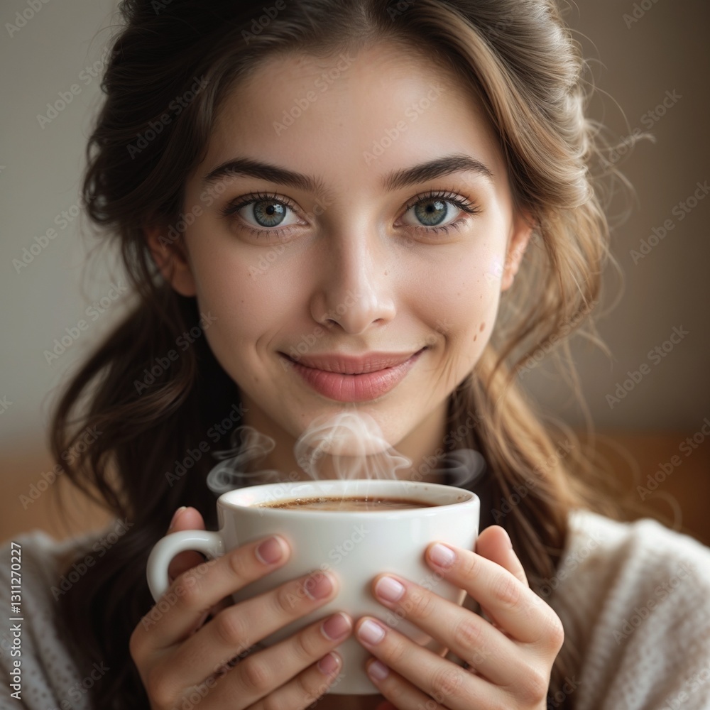 custom made wallpaper toronto digital Young woman with gentle smile holding steaming cup of coffee in cozy morning light