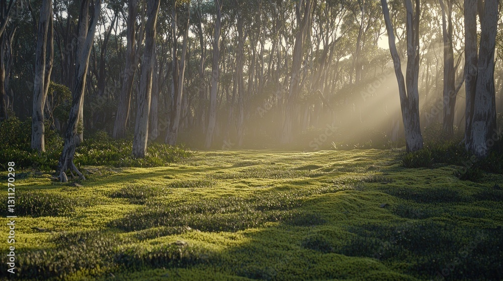 Obraz premium Sunbeams illuminating mossy forest floor at dawn.